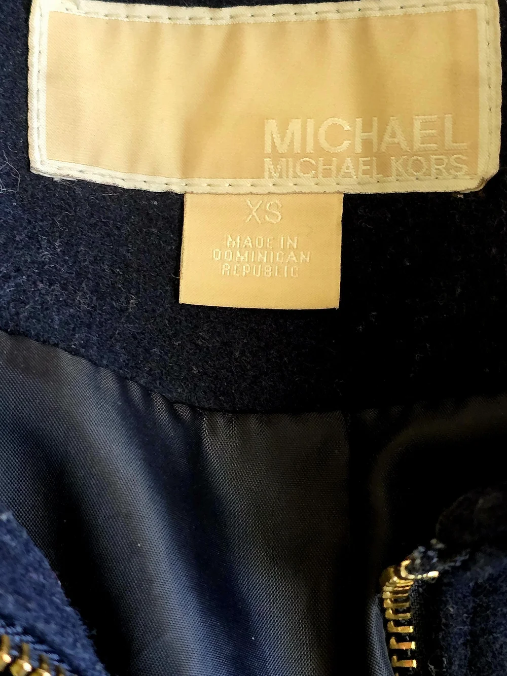 Michael Kors Dark Blue Wool Zip-Front Pea Coat with Gold Hardware Sz XS